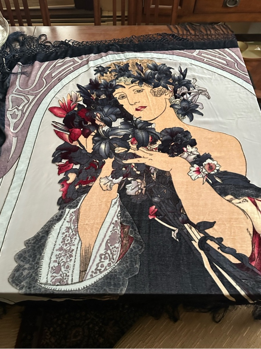 Silk Velvet Art Nouveau Vintage beaded Fringed Piano Shawl